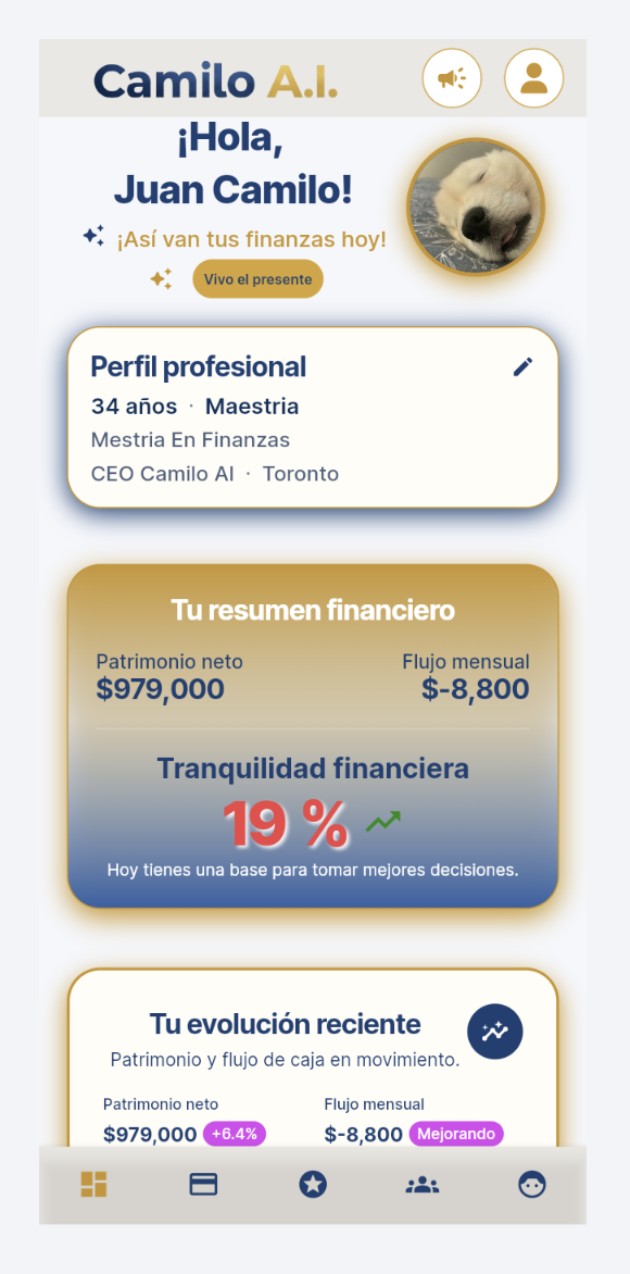 Pantalla principal de Camilo A.I. con tranquilidad financiera, patrimonio y flujo mensual